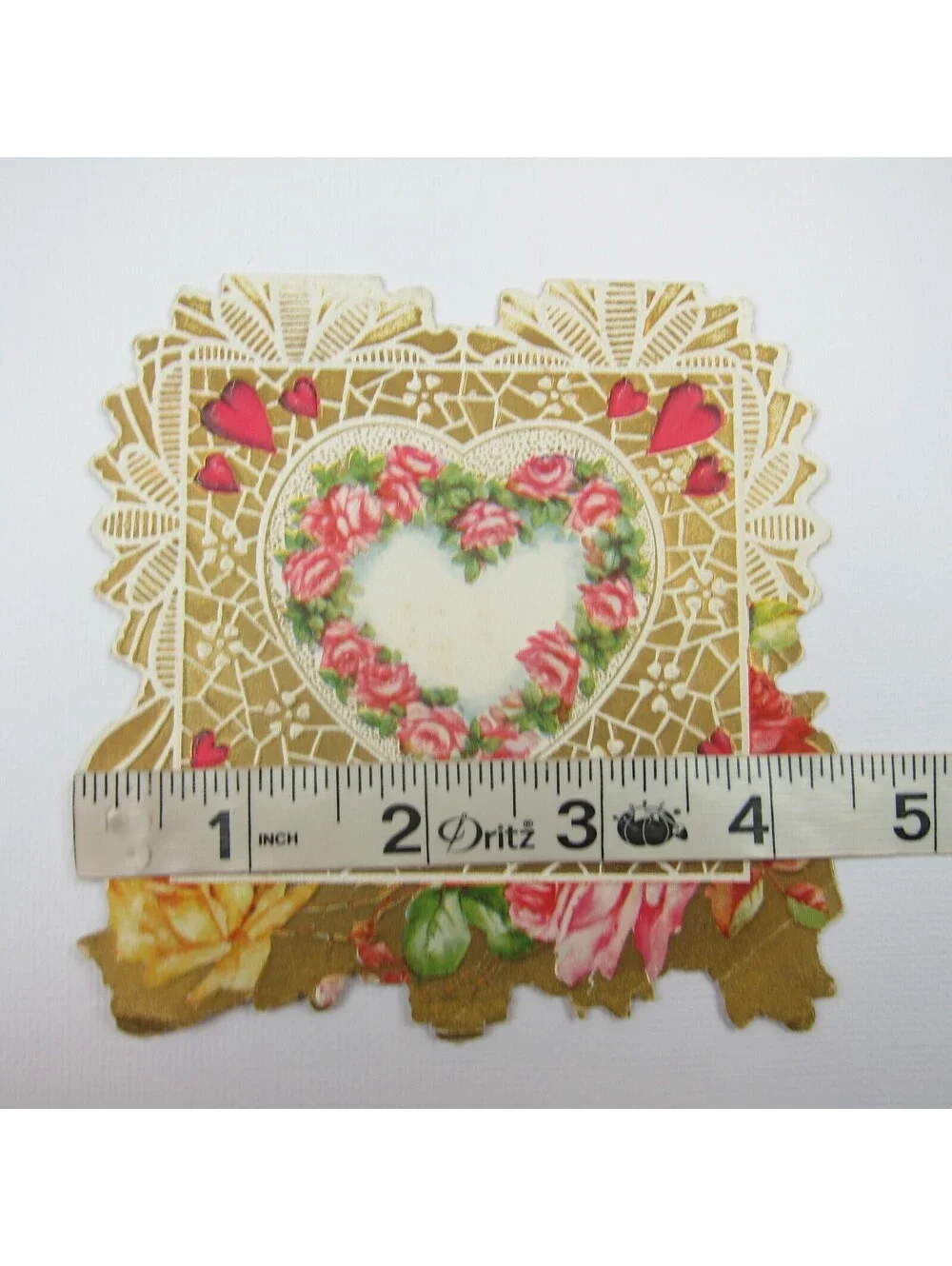 Vintage Valentine Card Gold Die cut Bifold Pink & Yellow Roses Red Hearts Bells